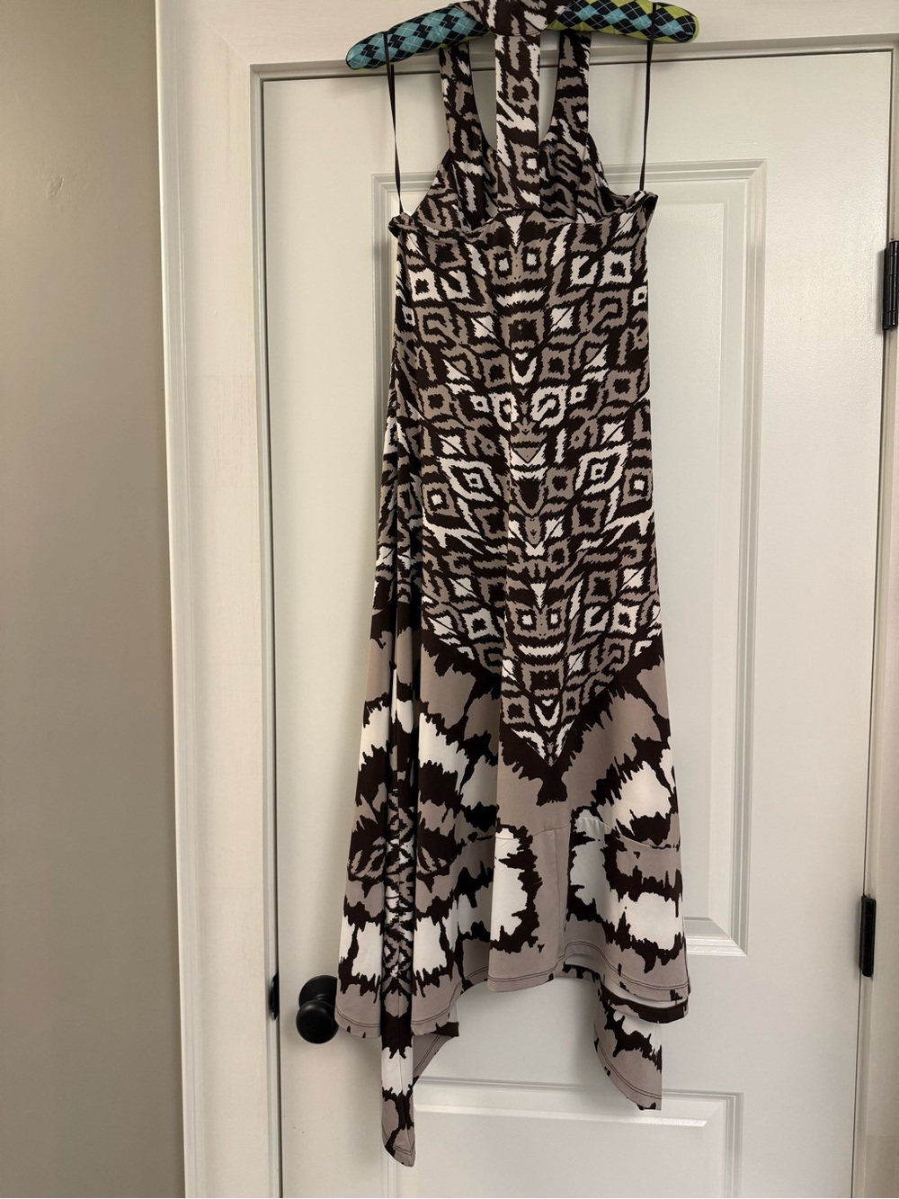 Sleeveless Brown & Cream Printed Racerback Dress with Embellished Neckline - Picture 6 of 8